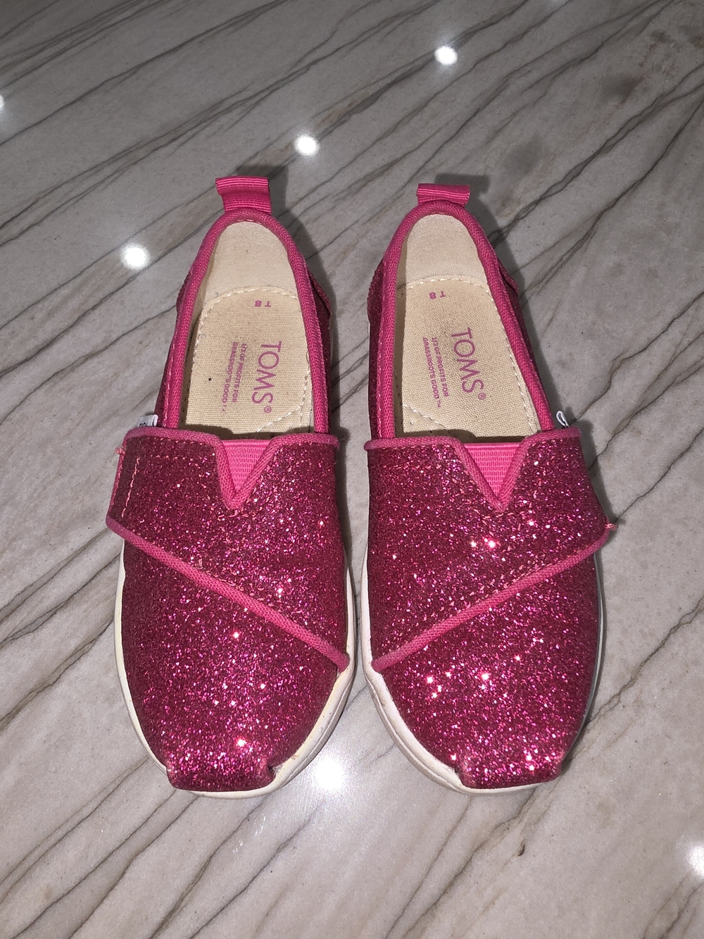 Toms Kids Hot Pink Glitter Slip-On Shoes with Velcro Toddler Size 8